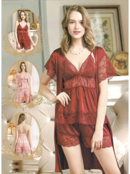 Flourish Women Sleep Wear BD-7636 3 Pc Babydoll & Boyshort Gown Set