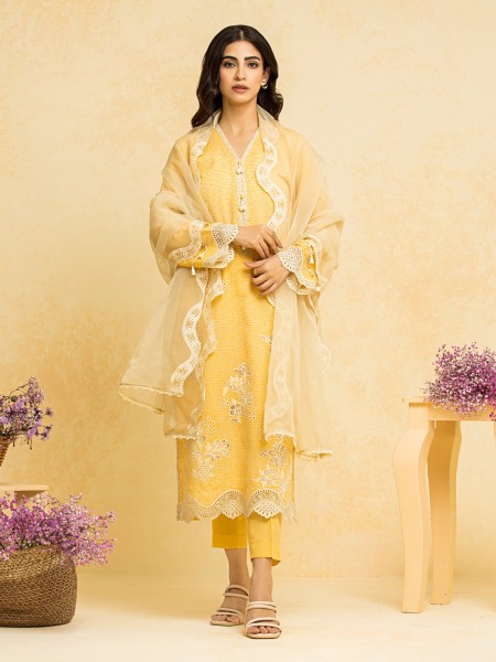Edenrobe EWU24V7-28770-3P Unstitched Yellow Embroidered Dobby 3 Piece