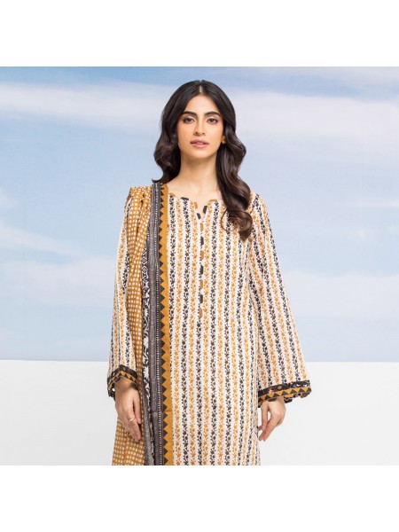 Edenrobe Mid Summer Dark Cream Printed Lawn 3 Piece Unstitched - EWU24A1-28043-3P